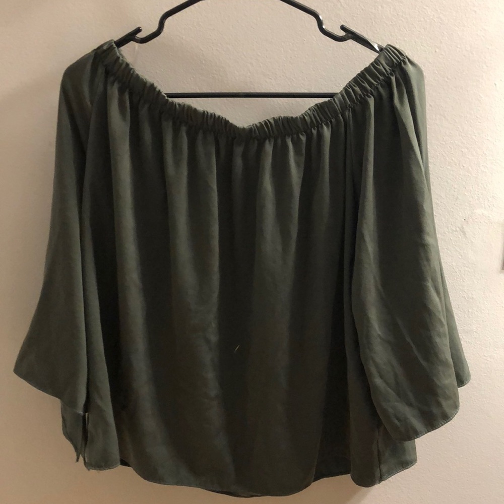 Olive green off the shoulder satin shirt